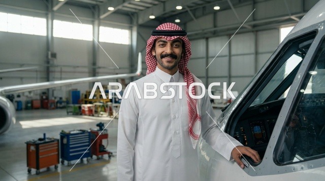 رجل سعودي يقف بجوار طائرة خاصة في حظيرة الطائرات