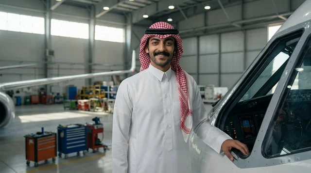 رجل سعودي يقف بجوار طائرة خاصة في حظيرة الطائرات
