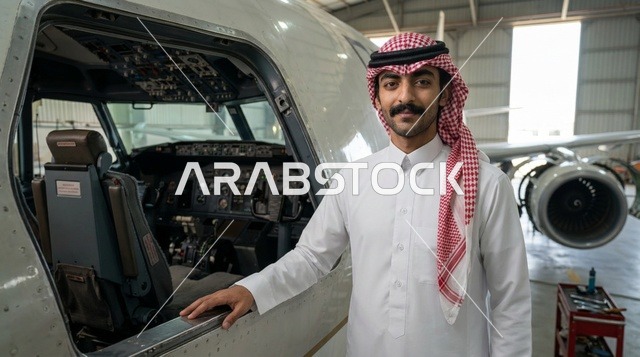 رجل سعودي يقف بجانب مقصورة طائرة في الحظيرة