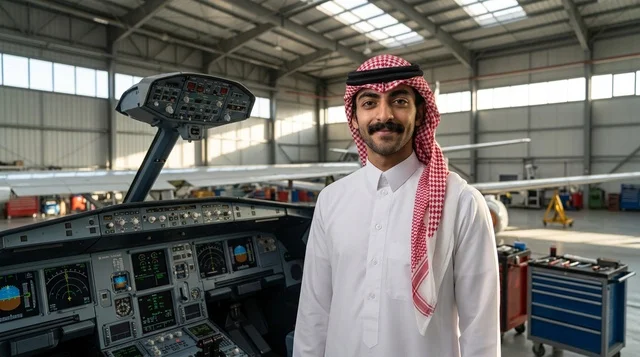 رجل سعودي بالزي التقليدي داخل حظيرة طائرات