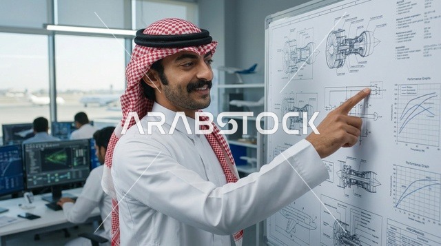مهندس طيران سعودي يشرح مخططات هندسية في المكتب