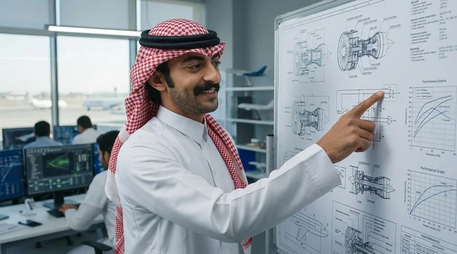 مهندس طيران سعودي يشرح مخططات هندسية في المكتب