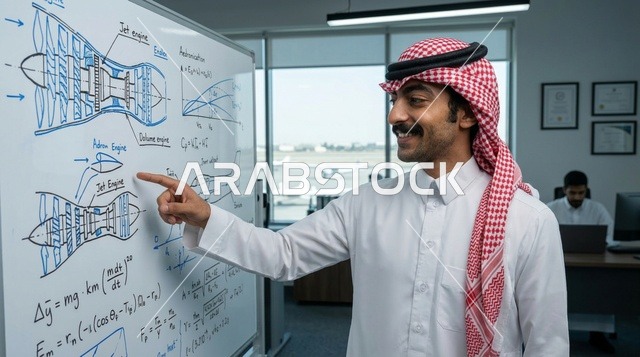 مهندس طيران سعودي يشرح مخطط محرك نفاث على سبورة