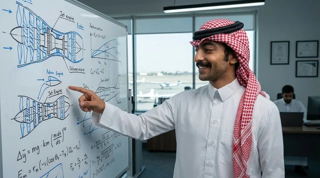مهندس طيران سعودي يشرح مخطط محرك نفاث على سبورة