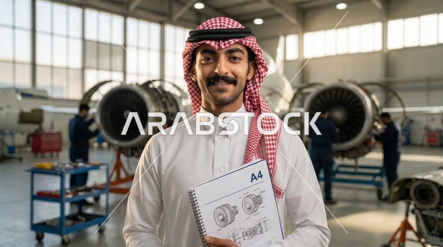 مهندس طيران سعودي يحمل مخططات داخل حظيرة الصيانة