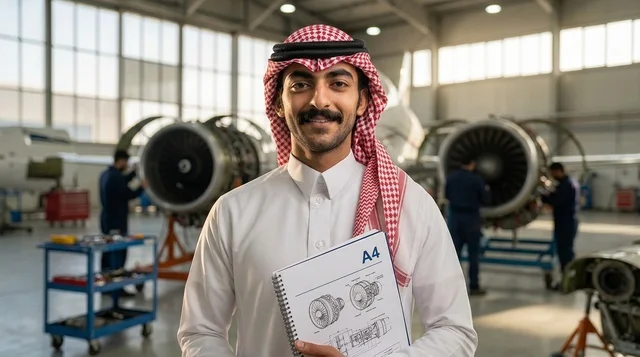 Saudi Engineer with Technical Schematics in Aircraft Hangar