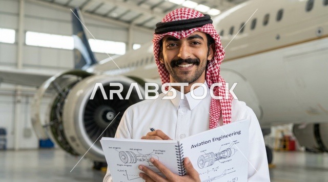مهندس طيران سعودي مع مخطط فني في حظيرة الطائرات