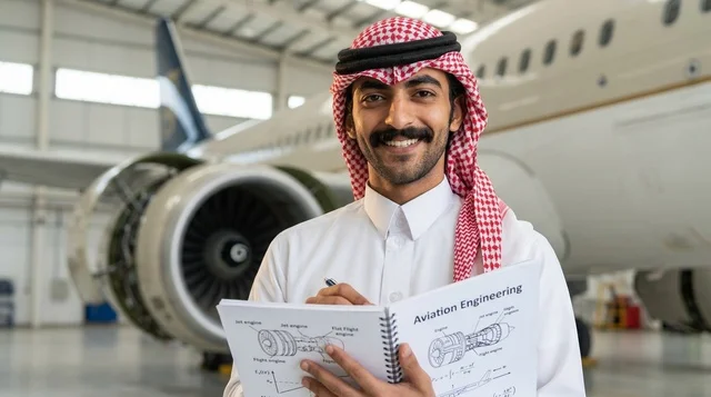 Saudi Aviation Engineer in Hangar with Jet Engine