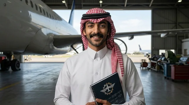 مهندس طيران سعودي في حظيرة الطائرات بجانب طائرة