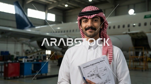 Saudi Aircraft Engineer with Tablet in Airport Hangar