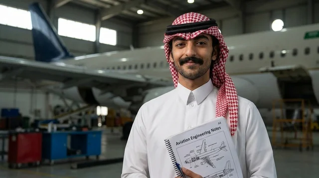 مهندس طيران سعودي مع جهاز لوحي في حظيرة الطائرات