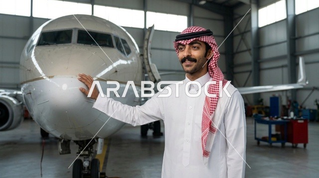 رجل عربي بالثوب التقليدي بجانب طائرة في الحظيرة