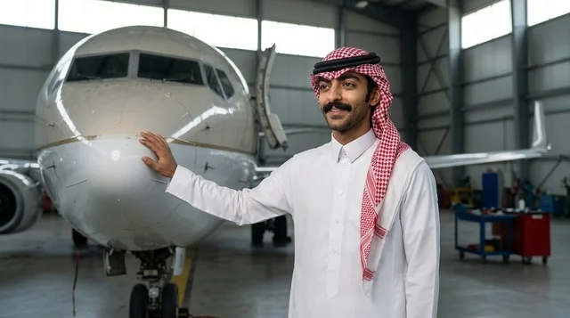 رجل عربي بالثوب التقليدي بجانب طائرة في الحظيرة