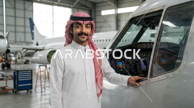 رجل سعودي يقف بجانب مقصورة طائرة في حظيرة الطيران