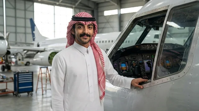 رجل سعودي يقف بجانب مقصورة طائرة في حظيرة الطيران