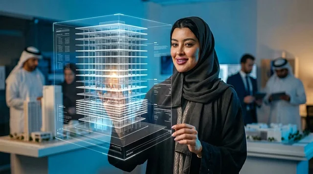 مهندسة عربية تتفاعل مع نموذج مبنى هولوغرافي ثلاثي الأبعاد