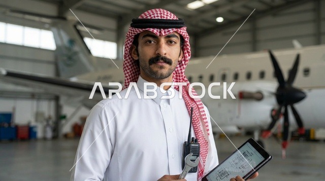 مهندس صيانة طائرات سعودي في حظيرة طيران مع جهاز لوحي