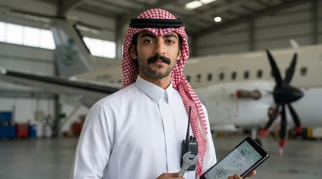 مهندس صيانة طائرات سعودي في حظيرة طيران مع جهاز لوحي