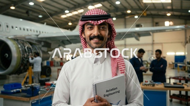 مهندس طيران سعودي يحمل دفتراً في حظيرة الطائرات