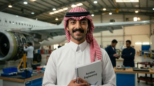 مهندس طيران سعودي يحمل دفتراً في حظيرة الطائرات