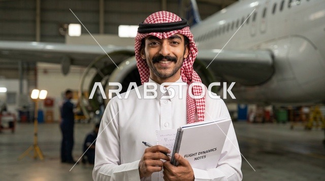 مهندس طيران سعودي مبتسم يحمل دفتر ملاحظات داخل الحظيرة