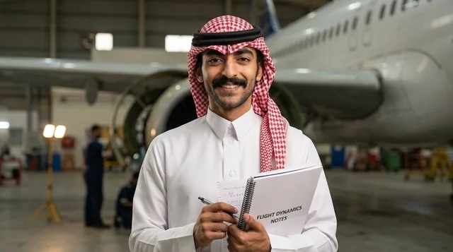 مهندس طيران سعودي مبتسم يحمل دفتر ملاحظات داخل الحظيرة