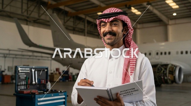 مهندس طيران سعودي بالزي التقليدي في حظيرة الطائرات