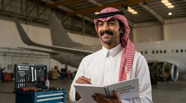 مهندس طيران سعودي بالزي التقليدي في حظيرة الطائرات