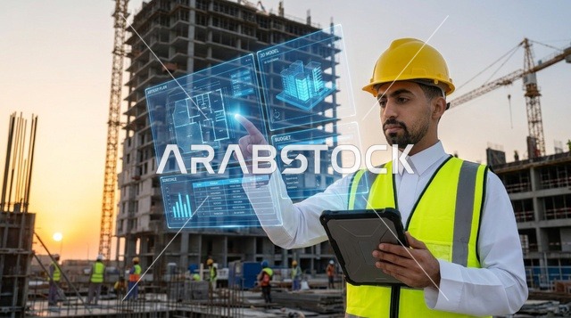 مهندس عربي يستخدم شاشة هولوغرام في موقع بناء نشط