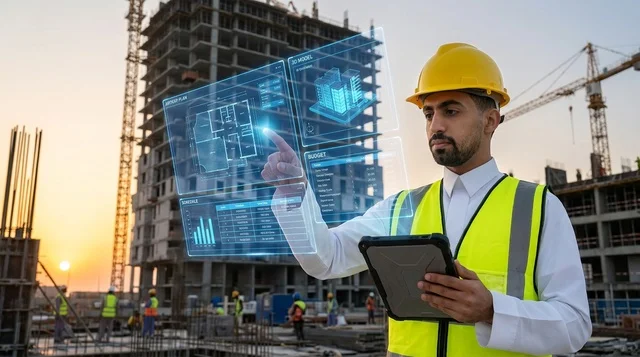 مهندس عربي يستخدم شاشة هولوغرام في موقع بناء نشط