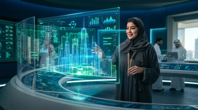 سيدة أعمال عربية تتفاعل مع هولوغرام لمدينة ذكية
