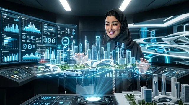 امرأة سعودية تتفاعل مع مجسم مدينة ذكية ثلاثي الأبعاد