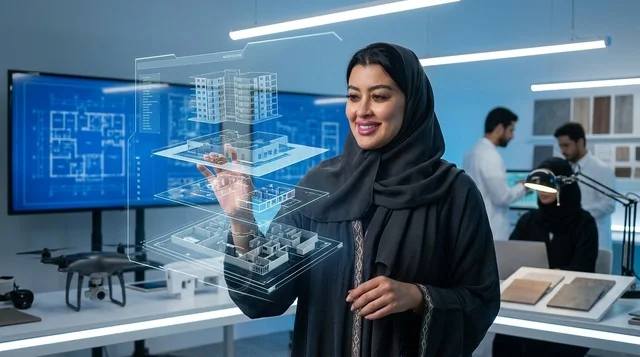مهندسة سعودية تتفاعل مع مخطط هولوجرام ثلاثي الأبعاد