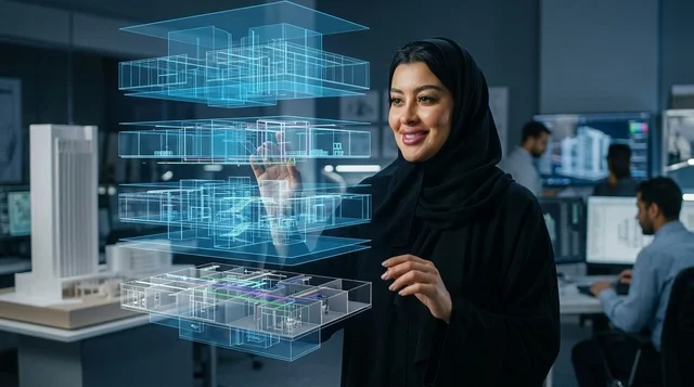 مهندسة عربية تتفاعل مع نموذج مبنى هولوغرافي ثلاثي الأبعاد