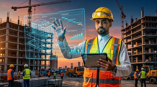 مهندس عربي يستخدم تقنية الهولوغرام في موقع البناء