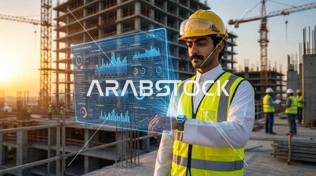 مهندس عربي يستخدم شاشة هولوغرامية في موقع البناء