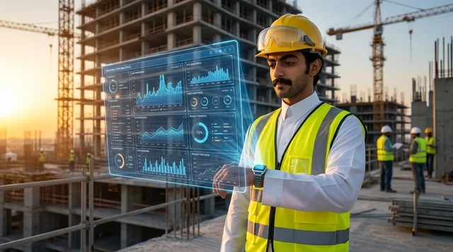 Arab Engineer with Hologram Screen on Construction Site