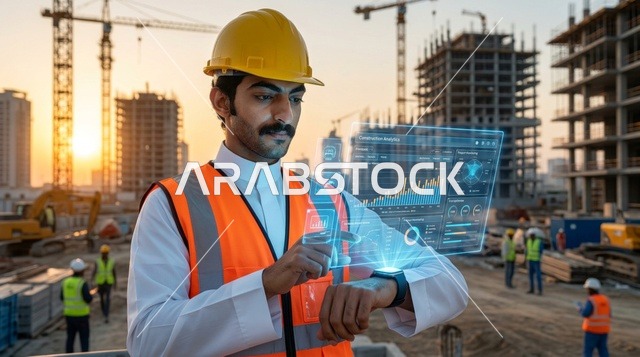 Arab Engineer Using Hologram Technology on Construction Site