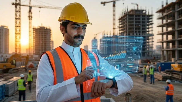 Arab Engineer Using Hologram Technology on Construction Site