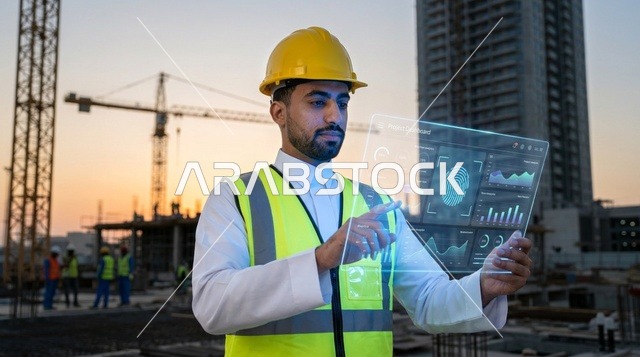 مهندس عربي مع شاشة رقمية في موقع بناء غروي