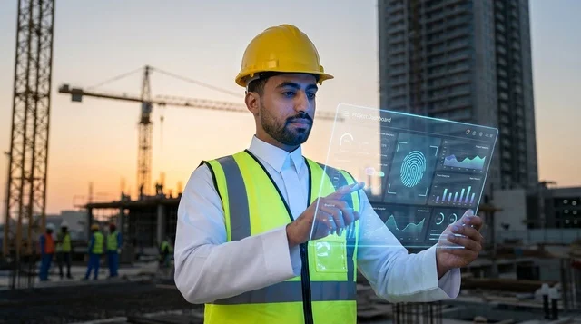 مهندس عربي مع شاشة رقمية في موقع بناء غروي