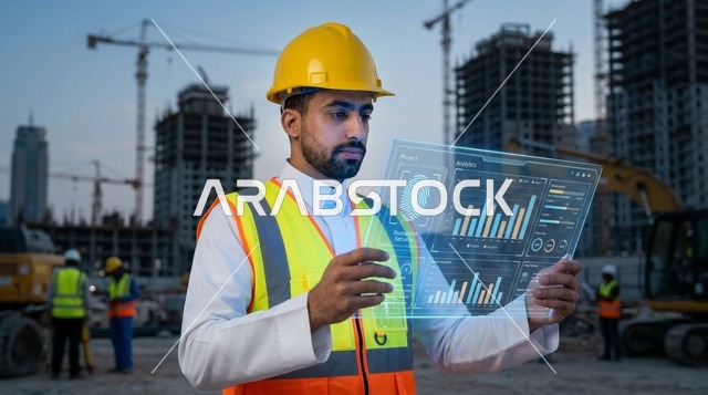 مهندس عربي في موقع بناء مع شاشة بيانات هولوغرافية
