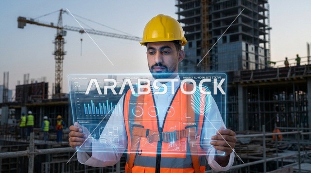 مهندس عربي مع شاشة هولوغرام ذكية في موقع بناء حديث