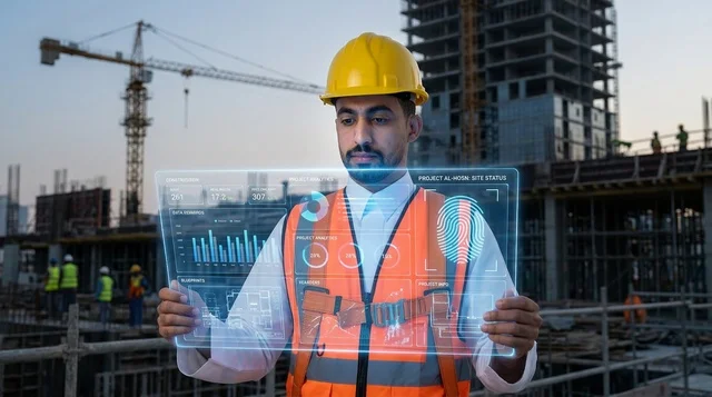 مهندس عربي مع شاشة هولوغرام ذكية في موقع بناء حديث