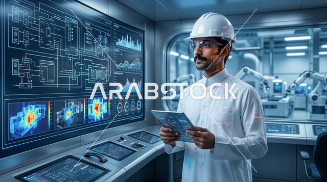 مهندس عربي في غرفة التحكم والعمليات الصناعية الذكية