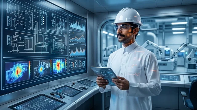 مهندس عربي في غرفة التحكم والعمليات الصناعية الذكية