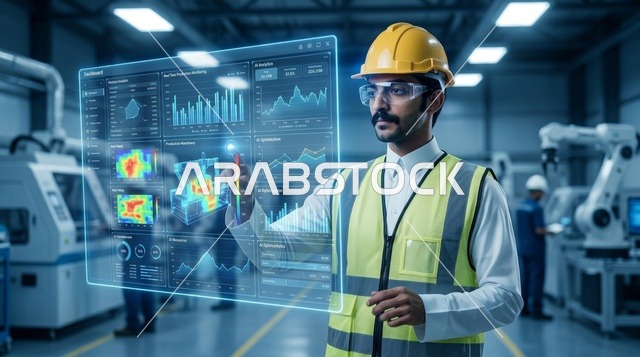 مهندس عربي يستخدم شاشة هولوجرام تفاعلية في مصنع ذكي