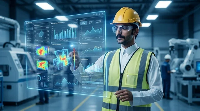 مهندس عربي يستخدم شاشة هولوجرام تفاعلية في مصنع ذكي