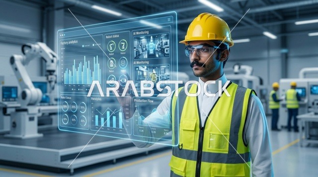 مهندس يتفاعل مع شاشة هولوغرامية داخل مصنع ذكي حديث