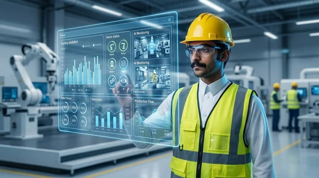 مهندس يتفاعل مع شاشة هولوغرامية داخل مصنع ذكي حديث